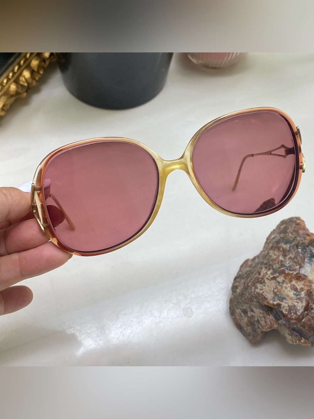 Vintage Sunglasses 70’s Retro Translucent Frames Plum-tinted Lenses Gold *Read